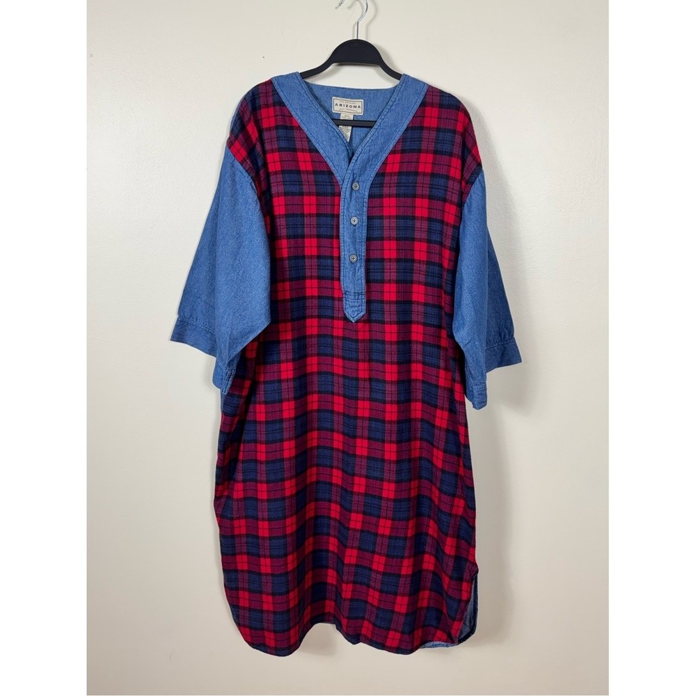 Vintage 90s Arizona Jean Co Plaid Denim Shirt Dress XL Grunge Oversized Country